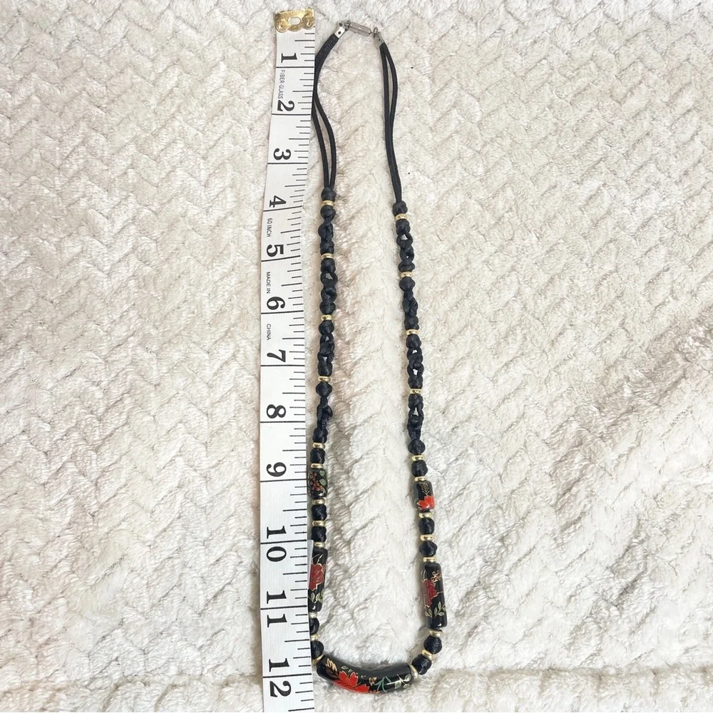 Vintage Black Floral Ceramic Bead Cord Necklace‎ Witchy Goth Romantic